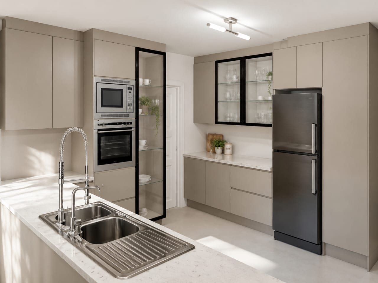 Taupe kitchen with black-framed glass cabinets, built-in ovens and a stainless double sink