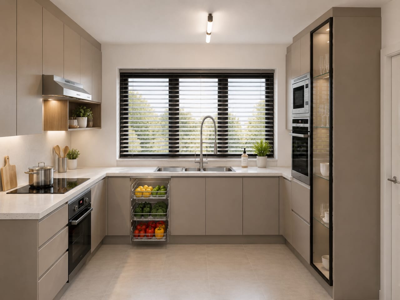 Compact taupe kitchen with vegetable pull-out drawers, induction hob and window over the sink