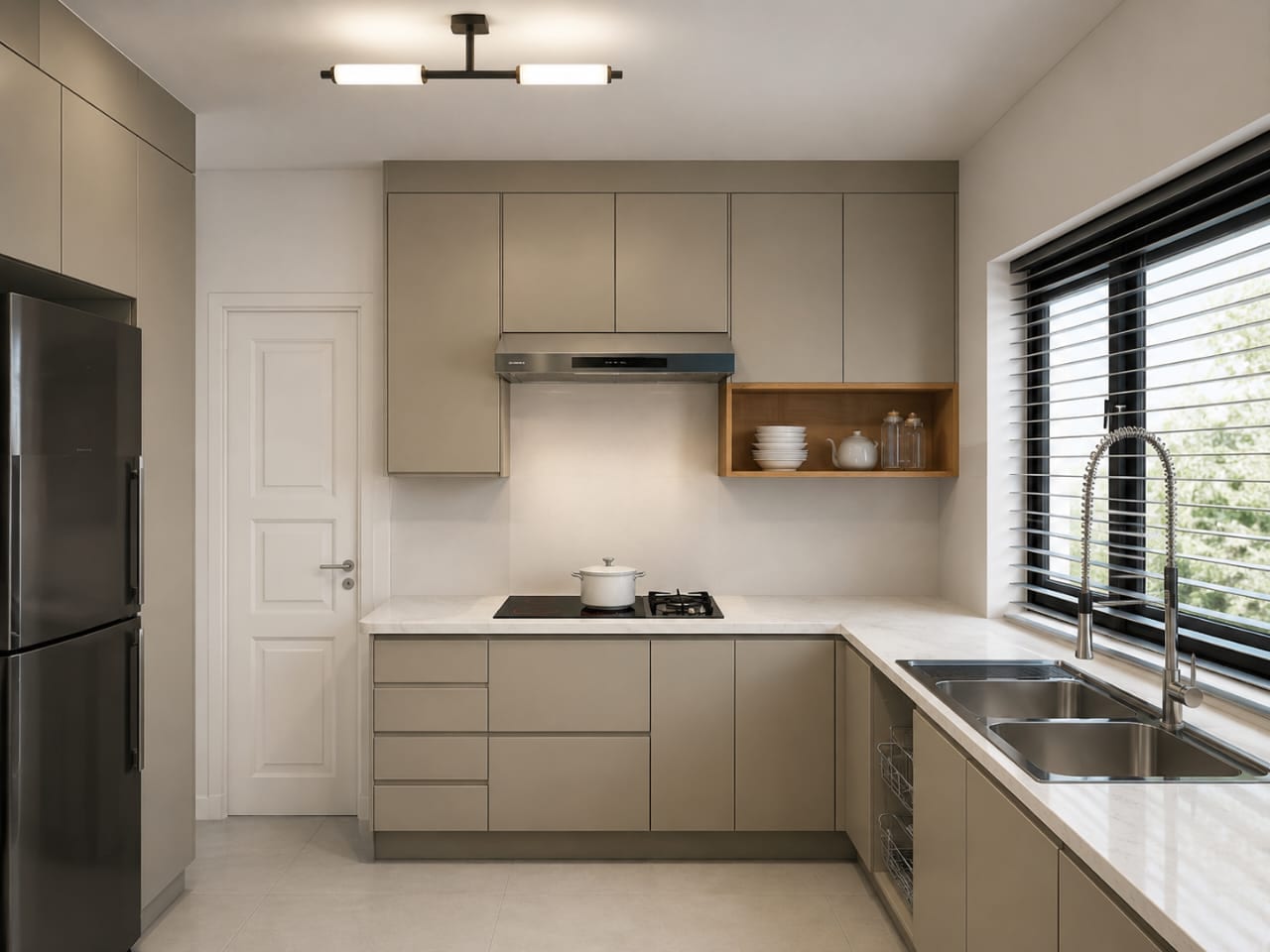 Calm galley kitchen with taupe cabinetry, timber open shelf and mixed gas and induction hobs