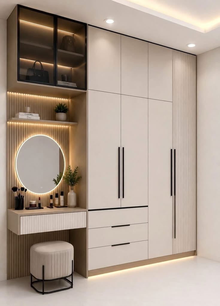 Fitted wardrobe with fluted dressing table, round LED mirror and glass-fronted overhead storage