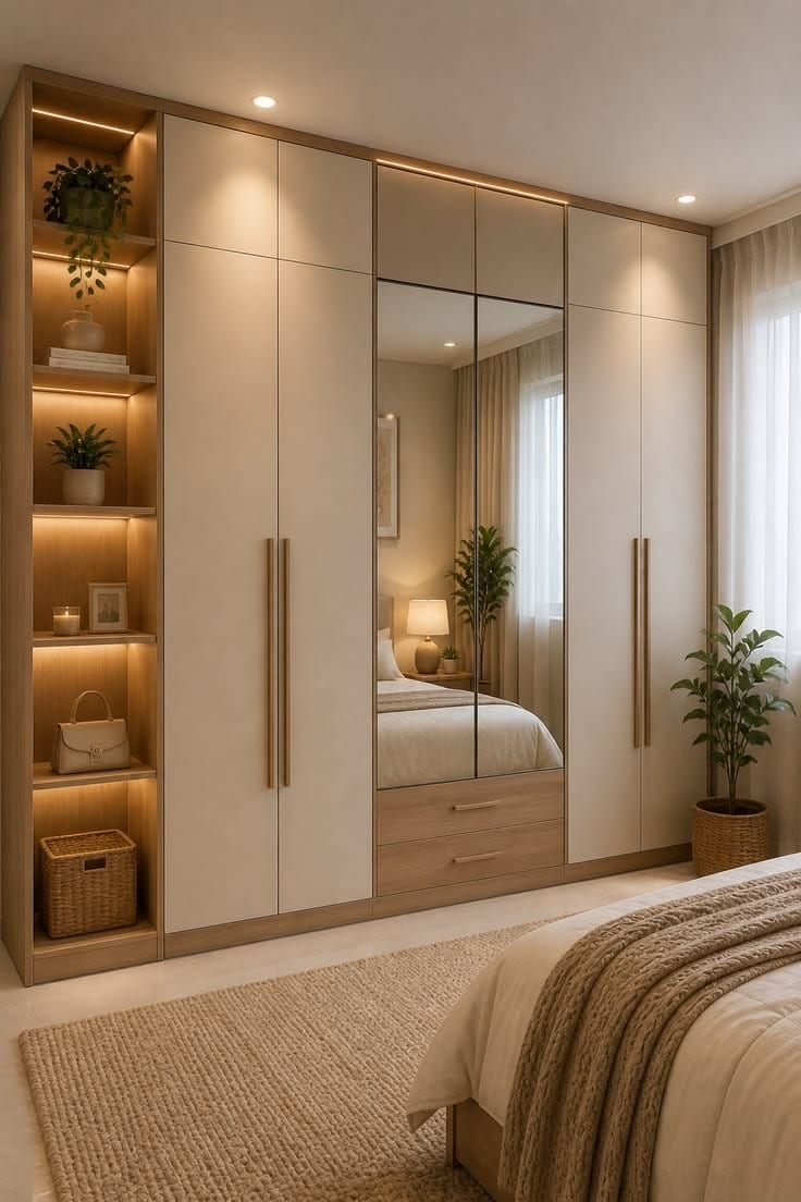 Warm timber and cream wardrobe with mirrored centre doors and lit open shelves